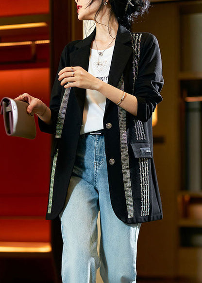 Black Peter Pan Collar Zircon Patchwork Cotton Coat Fall