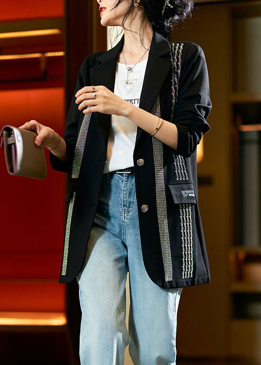 Black Peter Pan Collar Zircon Patchwork Cotton Coat Fall