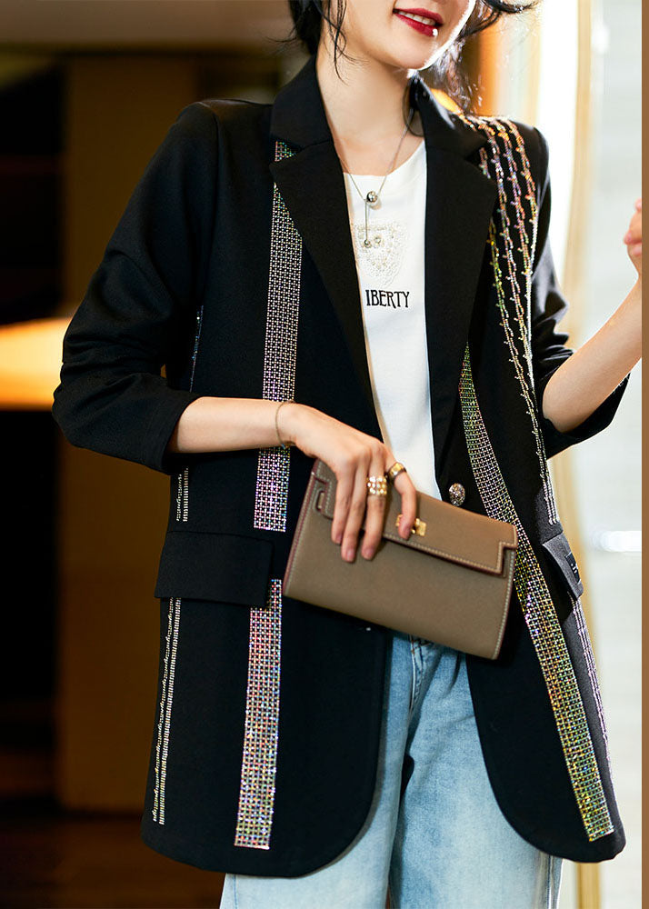 Black Peter Pan Collar Zircon Patchwork Cotton Coat Fall