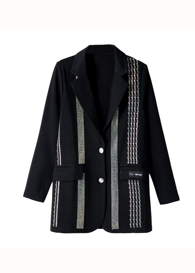 Black Peter Pan Collar Zircon Patchwork Cotton Coat Fall