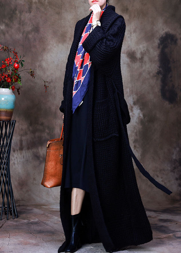 Black Peterpan Collar Tie Waist Woolen Cardigans Winter