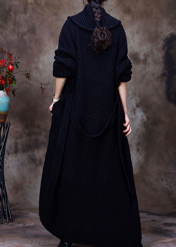 Black Peterpan Collar Tie Waist Woolen Cardigans Winter