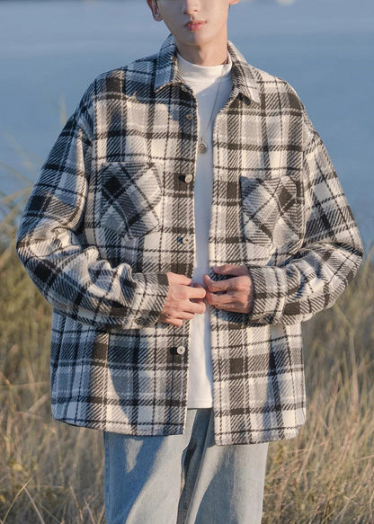 Black Plaid Button Pockets Woolen Shirts Coats Spring