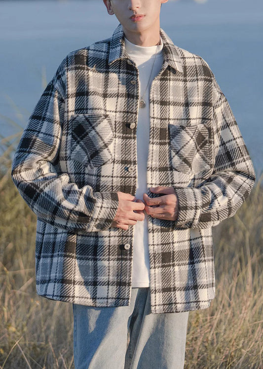 Black Plaid Button Pockets Woolen Shirts Coats Spring
