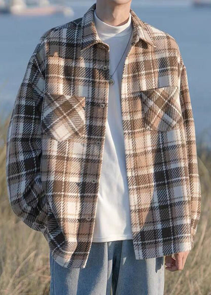 Black Plaid Button Pockets Woolen Shirts Coats Spring