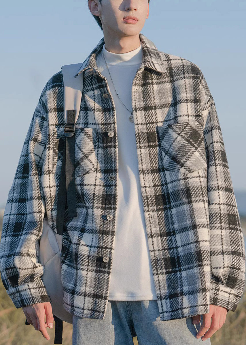 Black Plaid Button Pockets Woolen Shirts Coats Spring