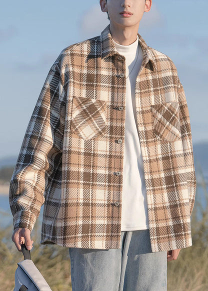 Black Plaid Button Pockets Woolen Shirts Coats Spring