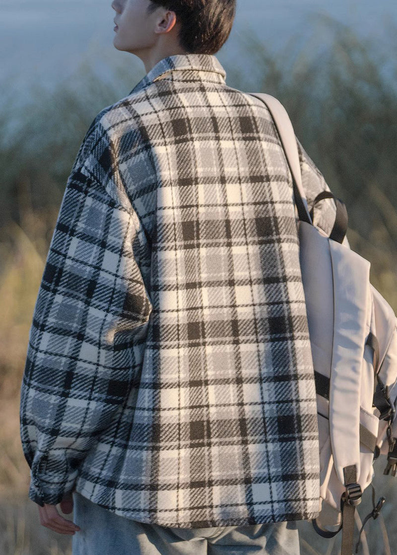 Black Plaid Button Pockets Woolen Shirts Coats Spring