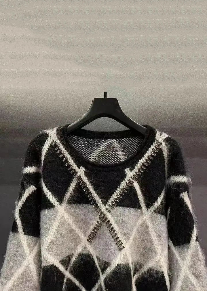 Black Plaid Sequined Patchwork Cotton Knit Sweaters Long Sleeve