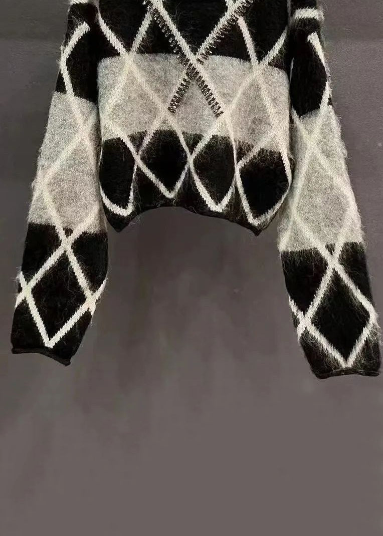 Black Plaid Sequined Patchwork Cotton Knit Sweaters Long Sleeve