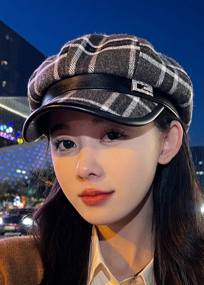 Black Plaid Zircon Patchwork Woolen Beret Hat