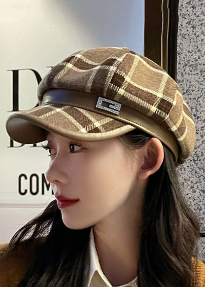 Black Plaid Zircon Patchwork Woolen Beret Hat