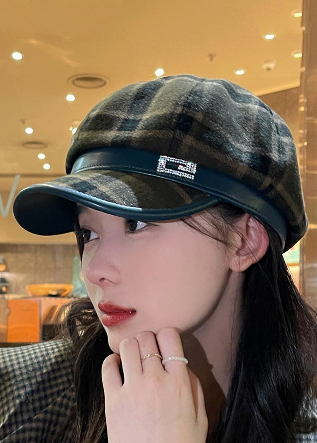 Black Plaid Zircon Patchwork Woolen Beret Hat