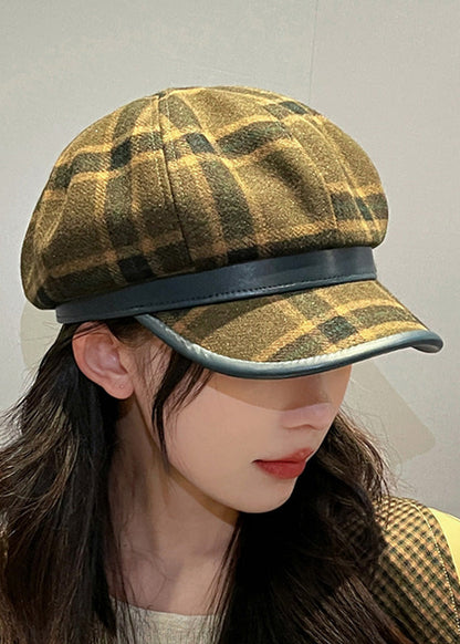 Black Plaid Zircon Patchwork Woolen Beret Hat