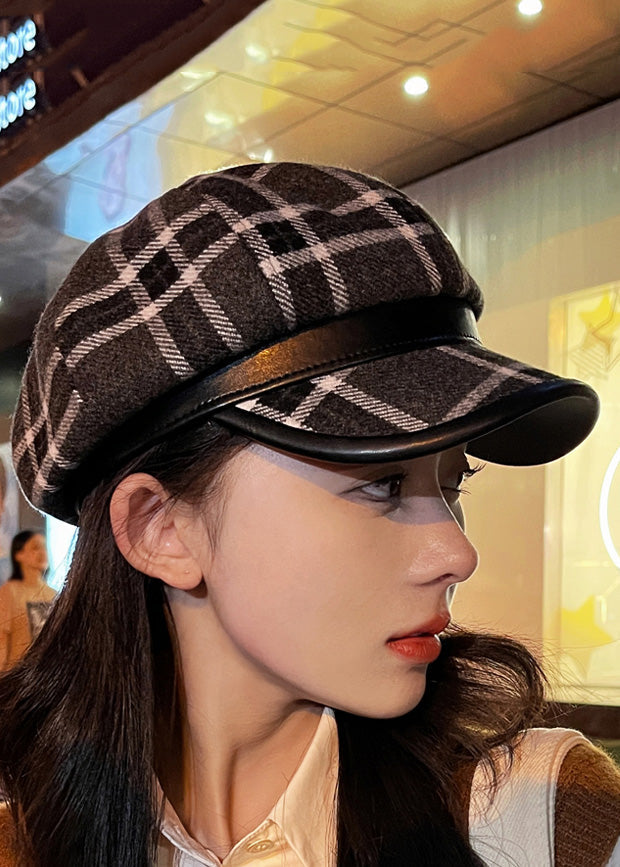 Black Plaid Zircon Patchwork Woolen Beret Hat