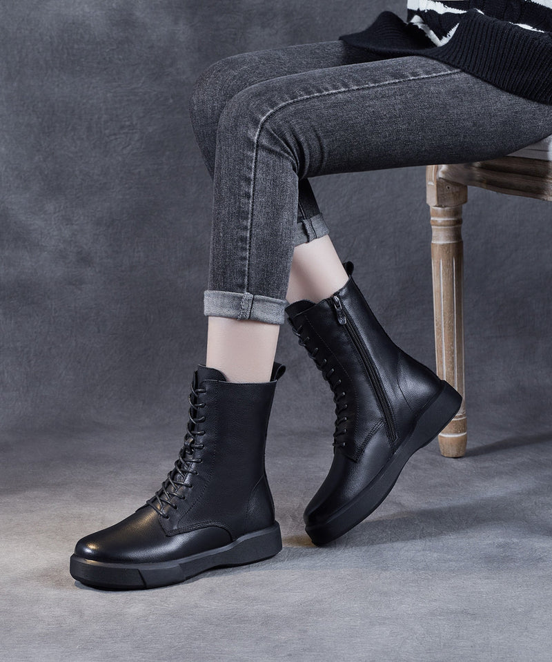 Black Platform Cowhide Leather Lace Up Boots