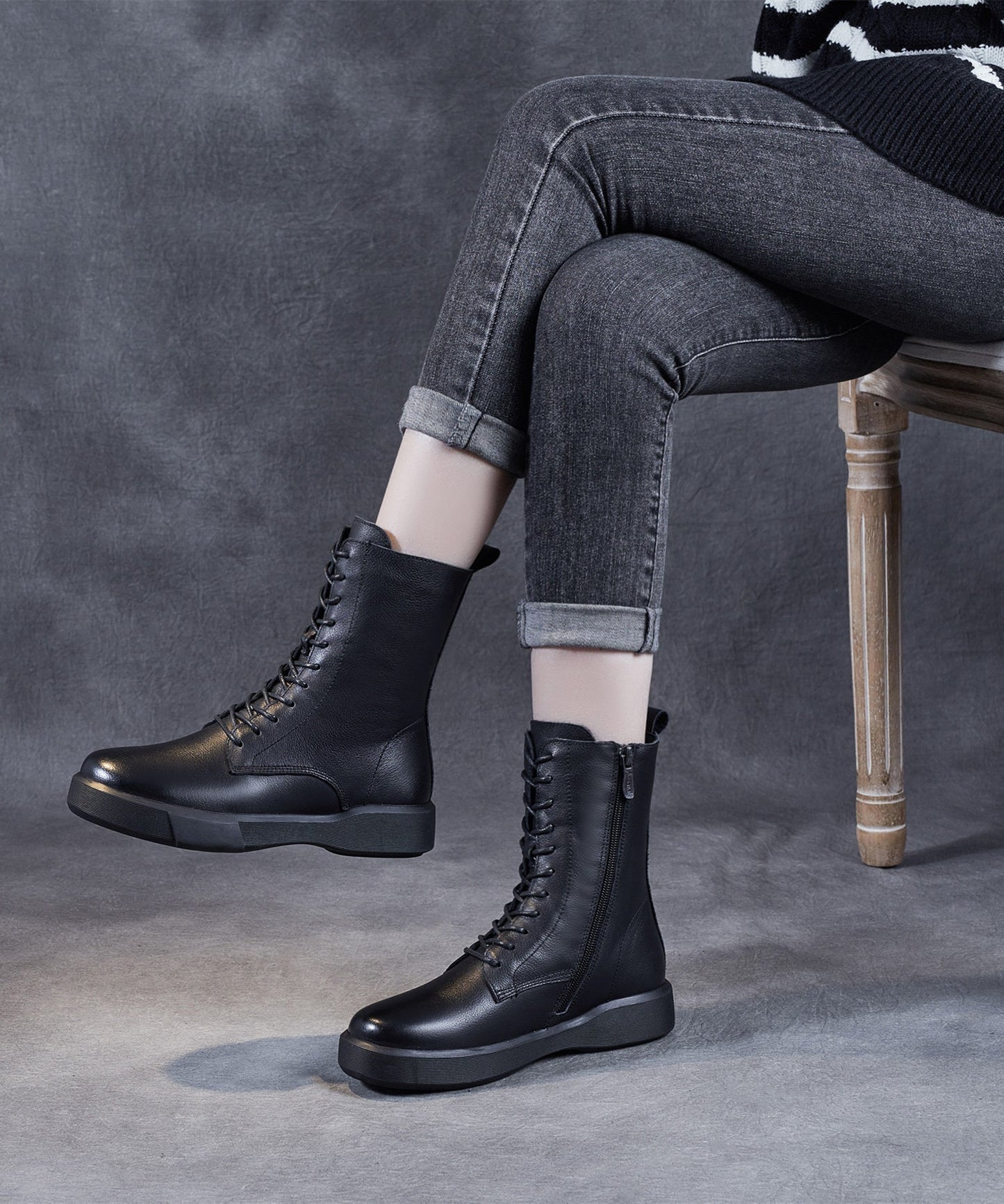 Black Platform Cowhide Leather Lace Up Boots