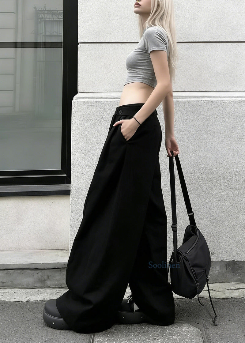 Black Pockets Button Cotton Wide Leg Pants Spring