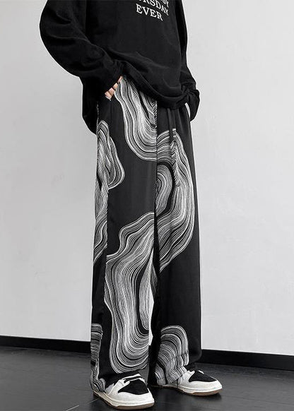 Black Pockets Elastic Waist Cotton Pants Spring