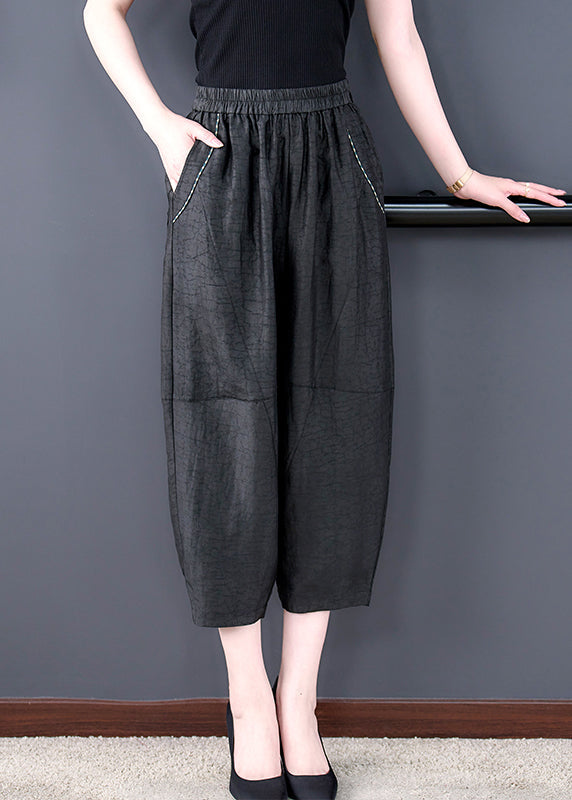Black Pockets Elastic Waist Silk Harem Pants Fall