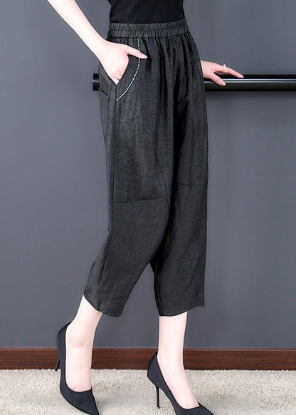 Black Pockets Elastic Waist Silk Harem Pants Fall