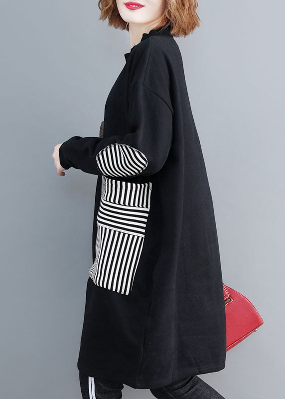 Black Pockets Patchwork Warm Fleece Sweatshirts Dress Winter