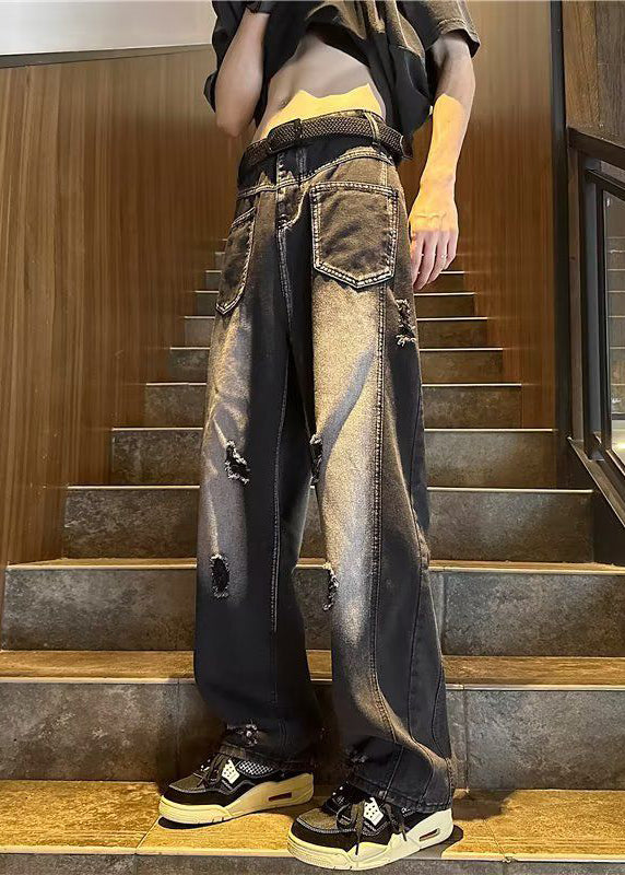 Black Pockets Ripped Denim Straight Pants Fall