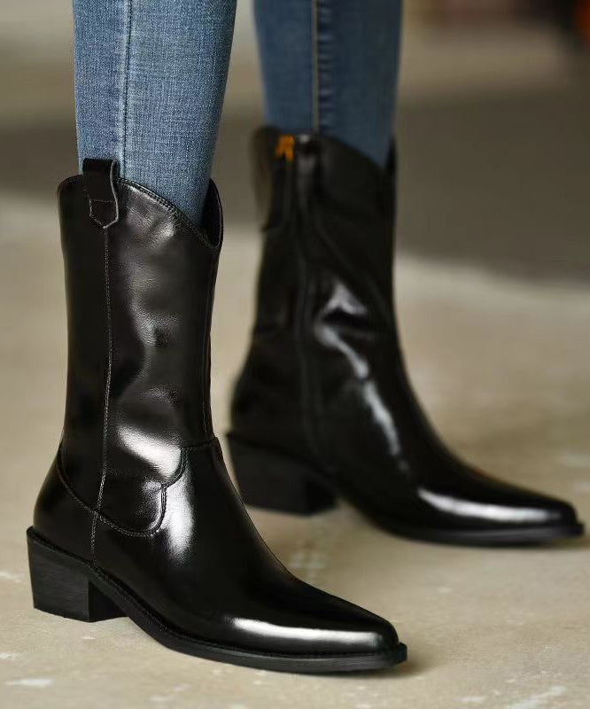 Black Pointed Toe Boots Chunky Cowhide Leather