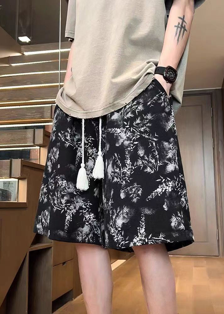 Black Print Elastic Waist Cotton Summer Shorts