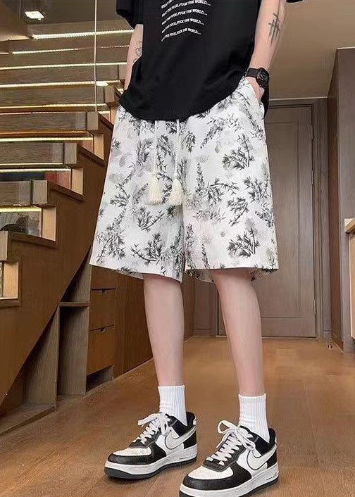 Black Print Elastic Waist Cotton Summer Shorts