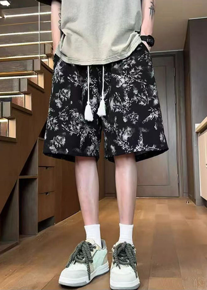 Black Print Elastic Waist Cotton Summer Shorts