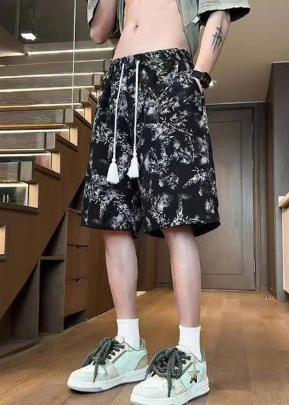 Black Print Elastic Waist Cotton Summer Shorts
