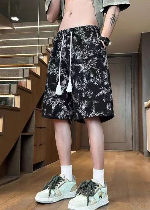 Black Print Elastic Waist Cotton Summer Shorts