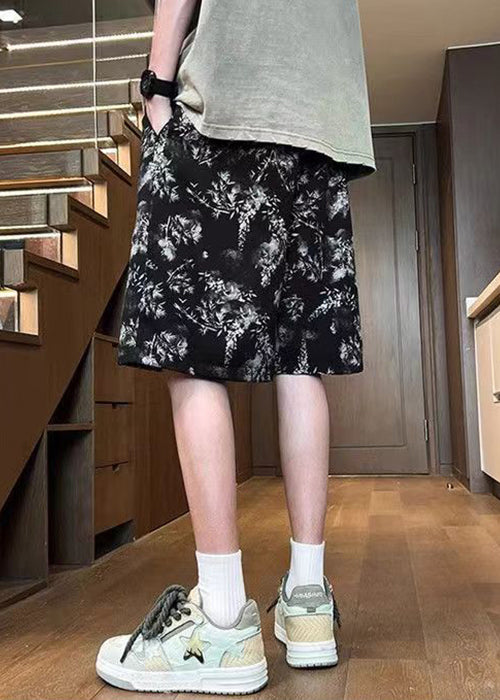Black Print Elastic Waist Cotton Summer Shorts