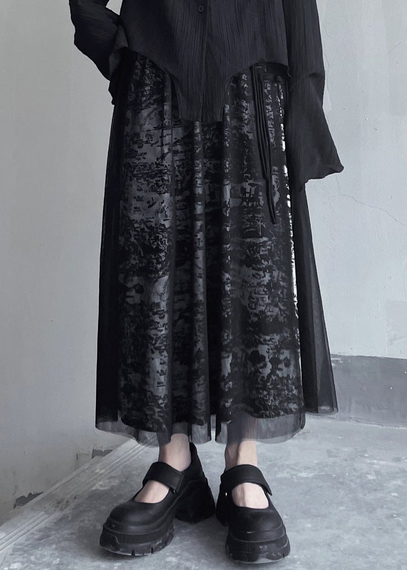 Black Print Elastic Waist Patchwork Tulle Skirt Summer