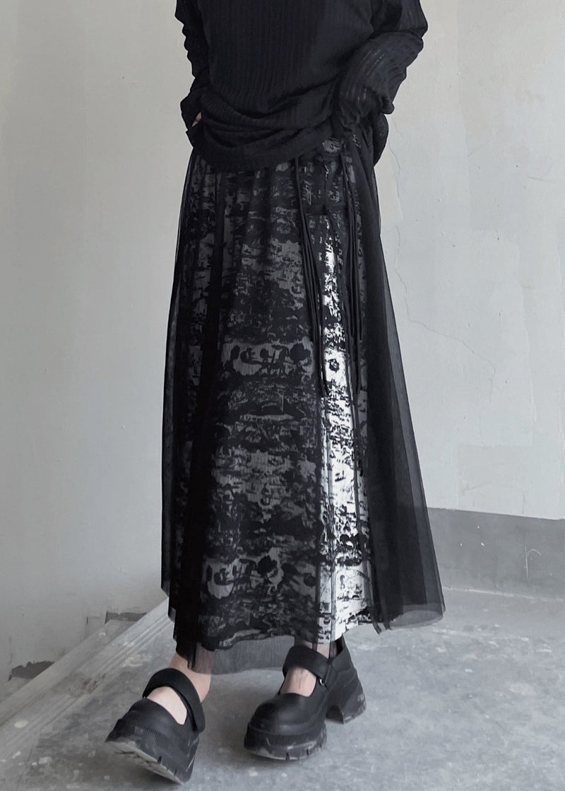 Black Print Elastic Waist Patchwork Tulle Skirt Summer