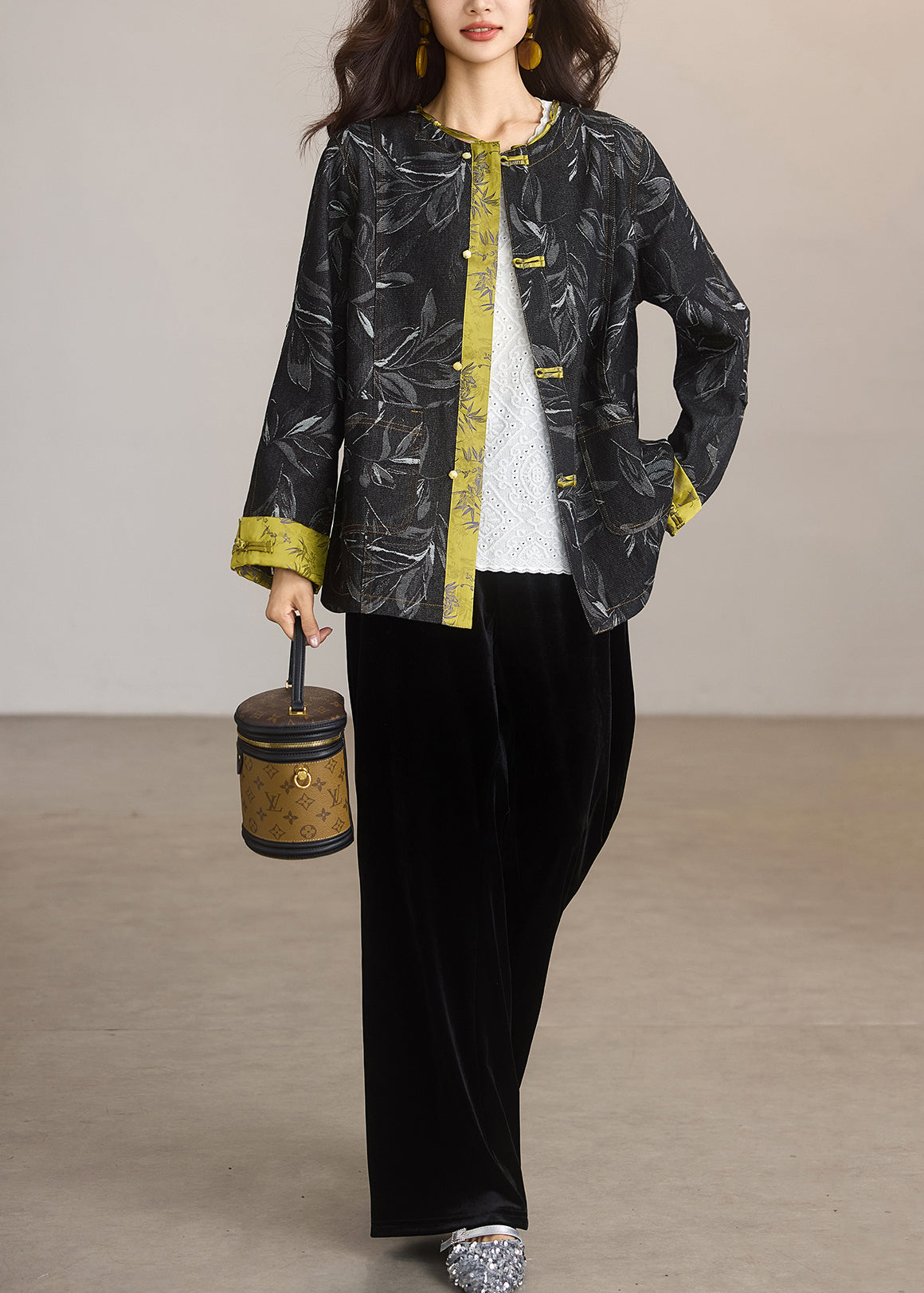 Black Print Patchwork Chinese Button Denim Jackets Spring