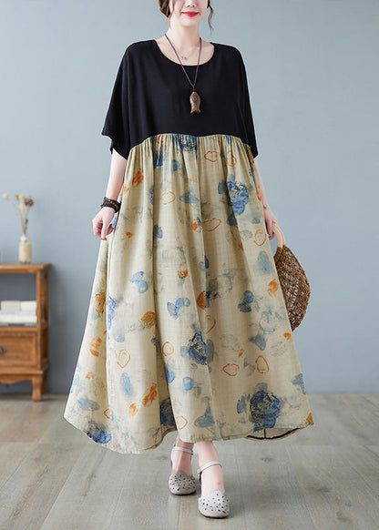 Black Print Patchwork Long Dresses Short Sleeve