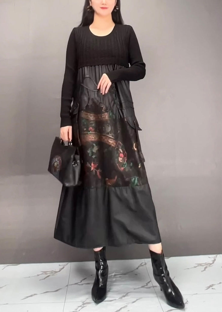 Black Print Patchwork Wrinkled Maxi Dress Spring