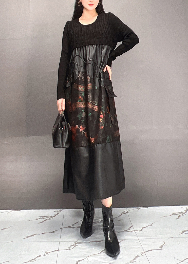 Black Print Patchwork Wrinkled Maxi Dress Spring