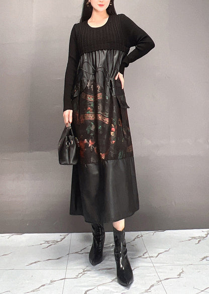 Black Print Patchwork Wrinkled Maxi Dress Spring