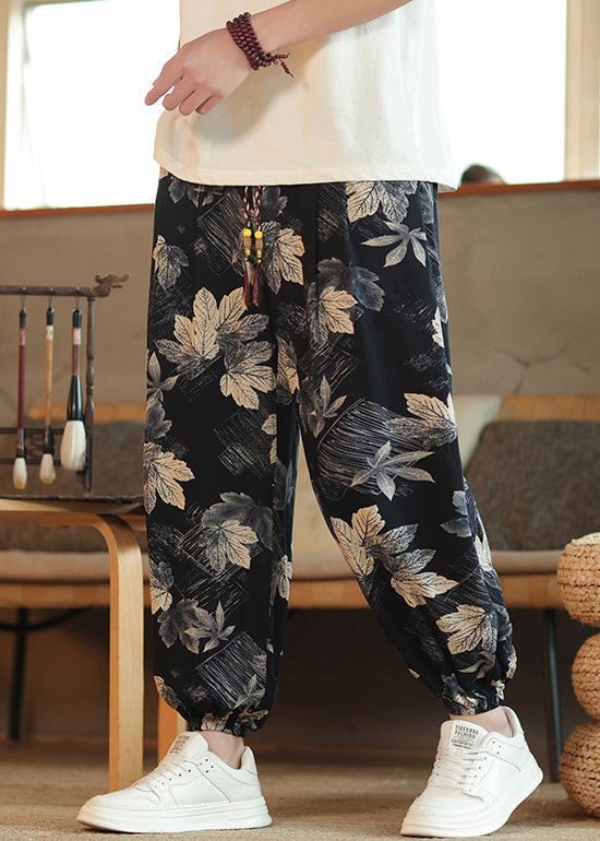 Black Print Pockets Elastic Waist Cotton Crop Pants Summer