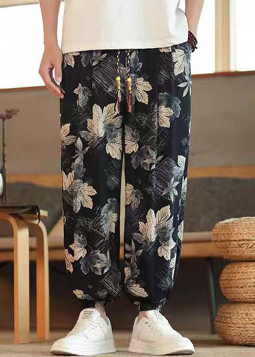 Black Print Pockets Elastic Waist Cotton Crop Pants Summer