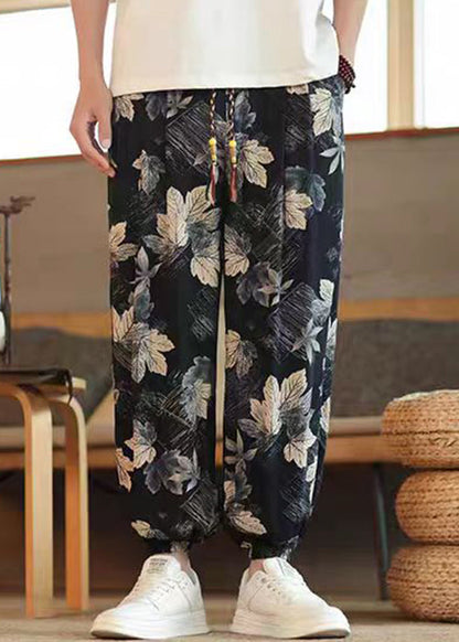 Black Print Pockets Elastic Waist Cotton Crop Pants Summer