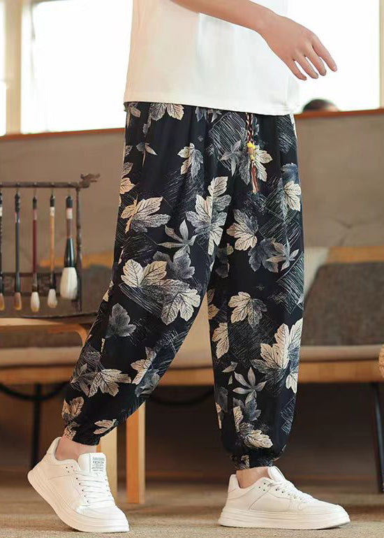 Black Print Pockets Elastic Waist Cotton Crop Pants Summer