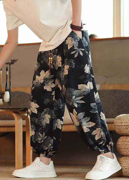 Black Print Pockets Elastic Waist Cotton Crop Pants Summer