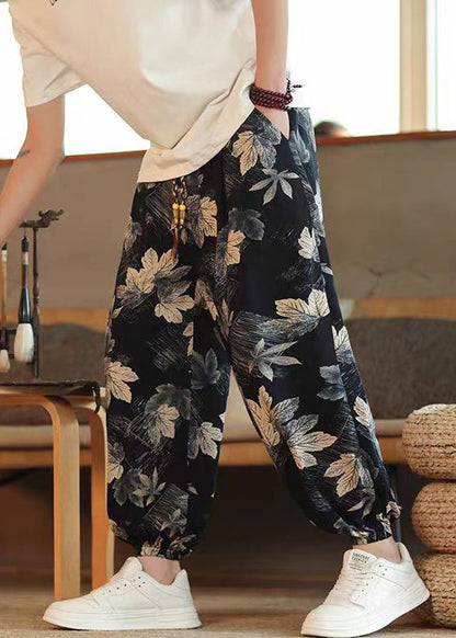 Black Print Pockets Elastic Waist Cotton Crop Pants Summer