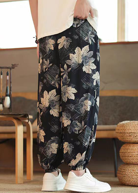 Black Print Pockets Elastic Waist Cotton Crop Pants Summer
