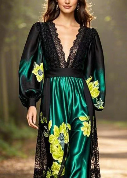 Black Print Pockets Patchwork Silk Long Dresses Spring