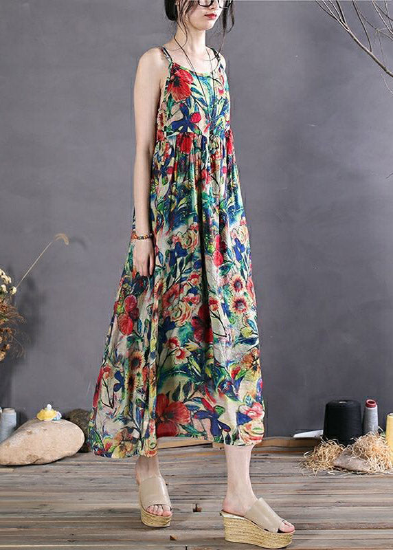 Black Print Wrinkled Spaghetti Strap Long Dress Sleeveless